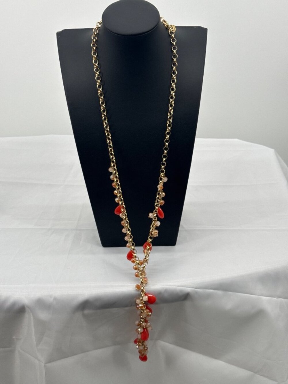 Vintage OPC Coral Red Teardrop Drop Y-Necklace Whimsigoth Gold Statement
